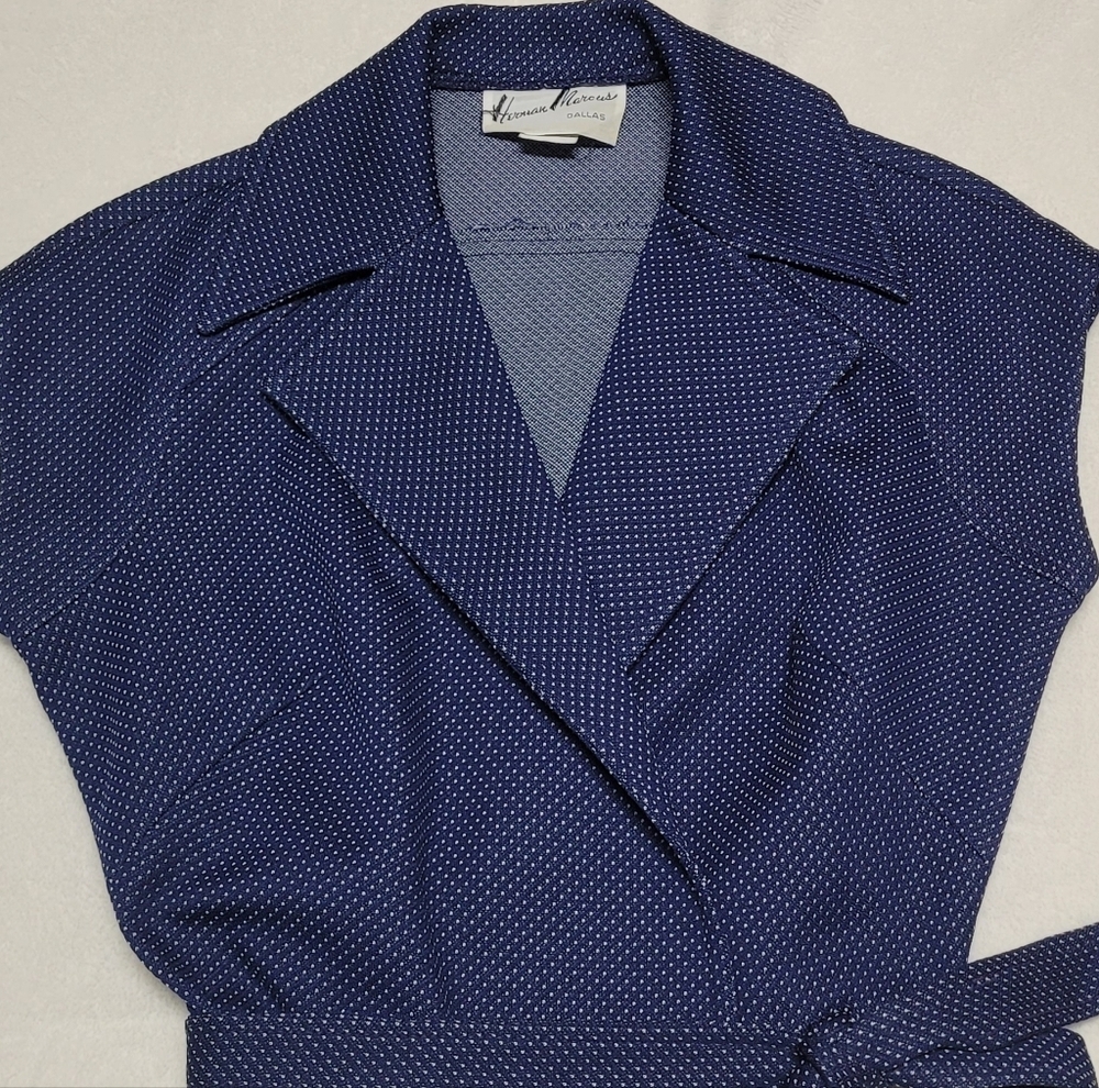 Herman Marcus 60s Vintage Blue White Polka-dot Dagger Collar Midi Wrap Dress 8 - Picture 3 of 12